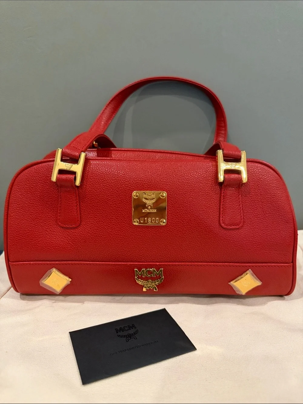 MCM Red Leather Satchel with Gold Hardware